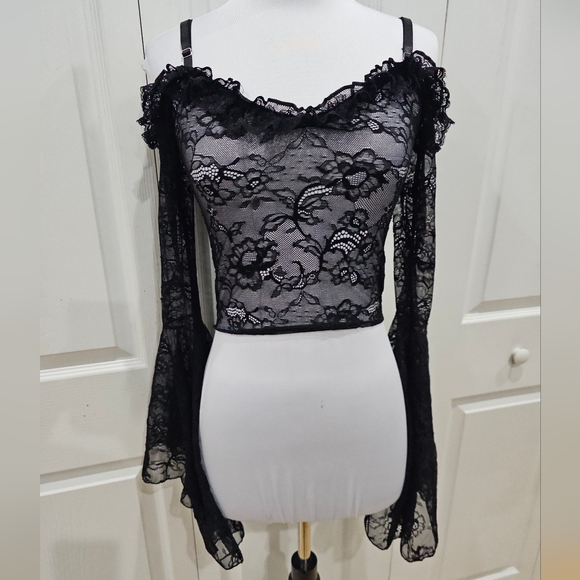 Dolls Kill Widow Gothic With Grace Black Mesh Lace Cropped Sheer Top S - Picture 9 of 12